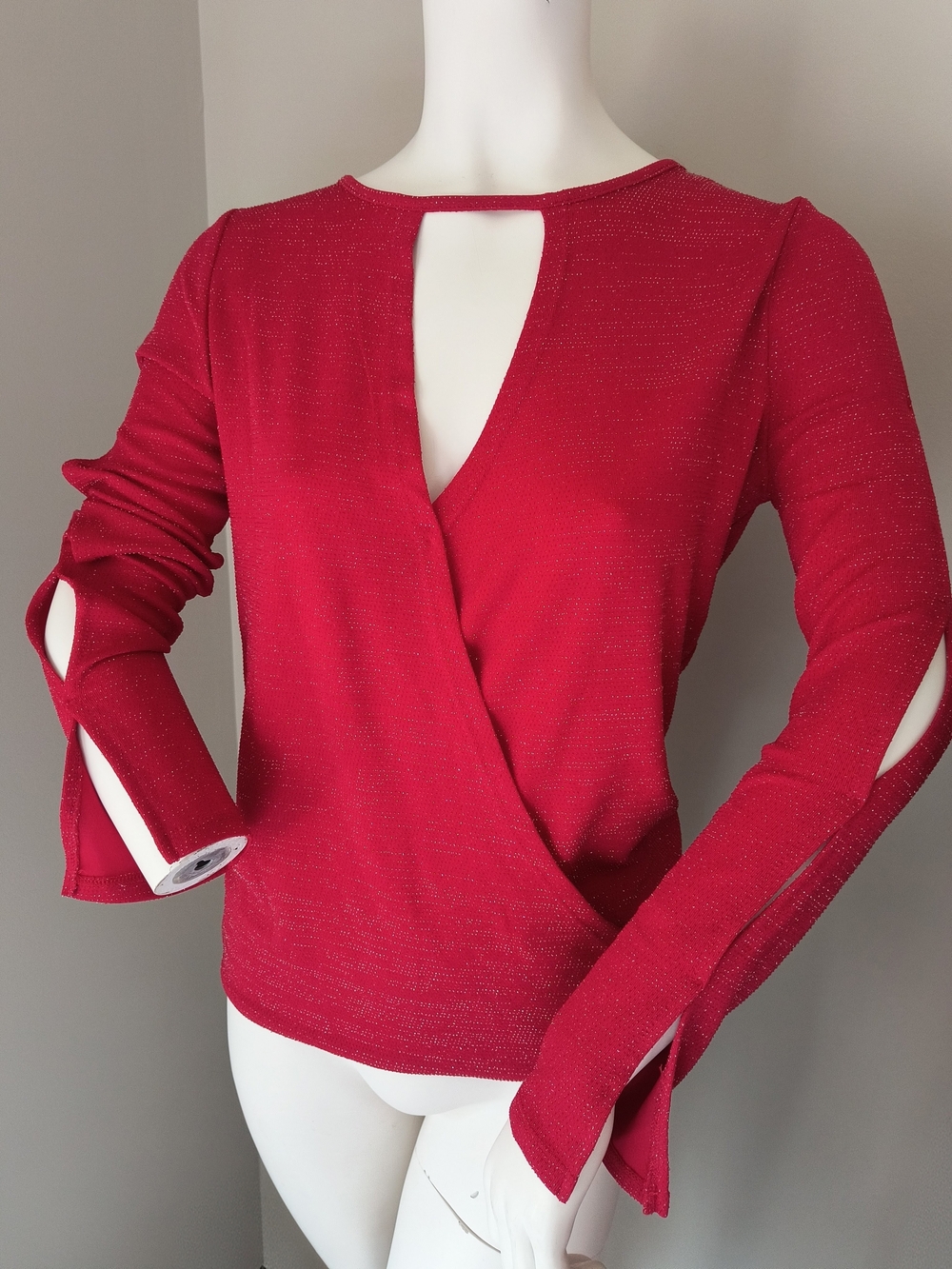 Sloane & Sadie Red Metallic Sparkle Cutout Wrap Top - Size XS
